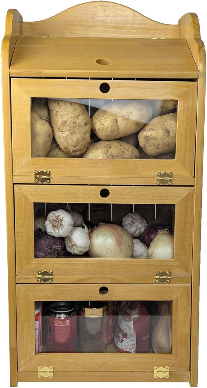 ARTAWEIN Onion and Potato Storage Bin Box Farmhouse Fruit and Vegetable Storage Small Food Kitchen Pantry Cabinet for Snack Large Bread Box for Homemade Bread Black Potato Bins