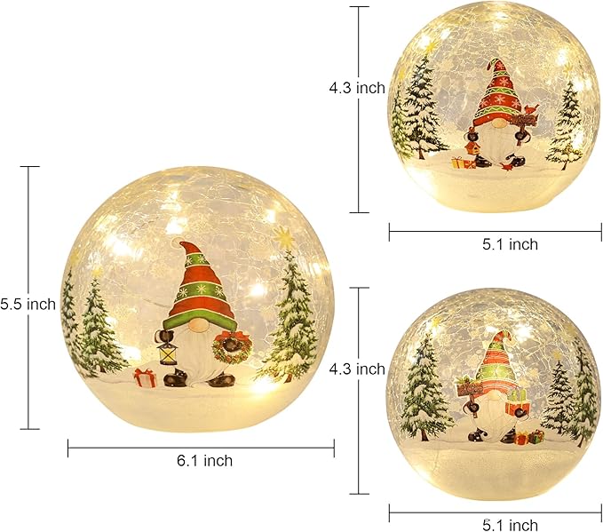 PHITRIC Christmas Decorations Indoor, 3 PCS Sparkling Christmas Gnomes Globes with LED Lights and Timer, Xmas Table Decor Centerpieces Crackle Glass Ball for Fireplace, Home, Tabletop, Mantel, Shelf