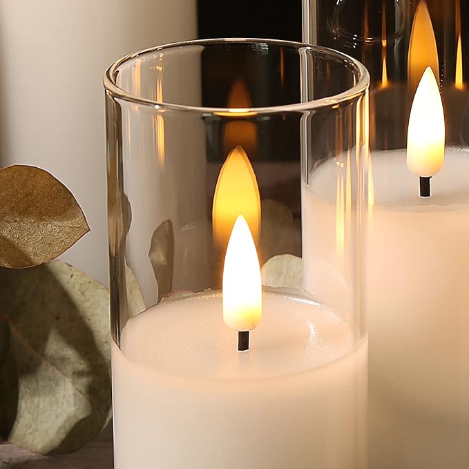 Eywamage Clear Glass Flameless Candles with Remote Batteries, Slim Tall LED Pillar Votive Candles Battery Powered, Set of 5