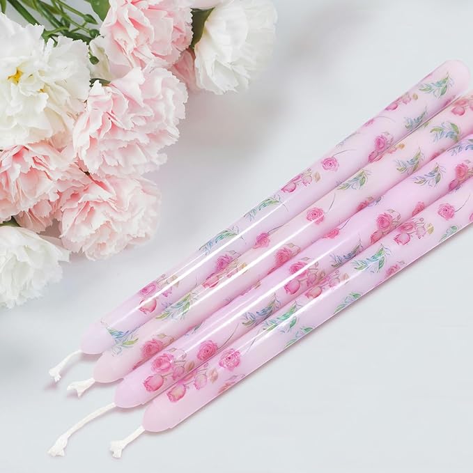 10 Inch Flower Taper Candles 4 Pcs Unscented, Smokeless, Dripless Long Tapered Candlesticks Candles for Mother's Day Birthday Dinner Dating Wedding Party Home Decor