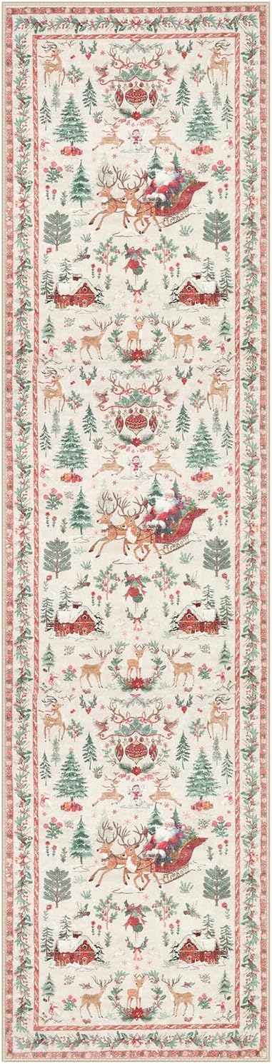 Lahome Christmas Runner Rug 2x8 Beige Rug Runners for Hallways Non Slip,Washable Kitchen Bathroom Runner Rug,Soft Christmas Tree Santa Claus Carpet Runner for Entryway Holiday Decor(2'x8',Beige)