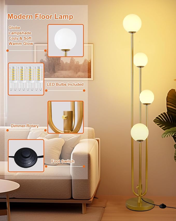 Lightdot Gold Globe Floor Lamp 4-Lights Dimmable Floor Lamps 3000K Bulbs Included Unique Modern Standing Tall Lamp for Living Room/Bedroom
