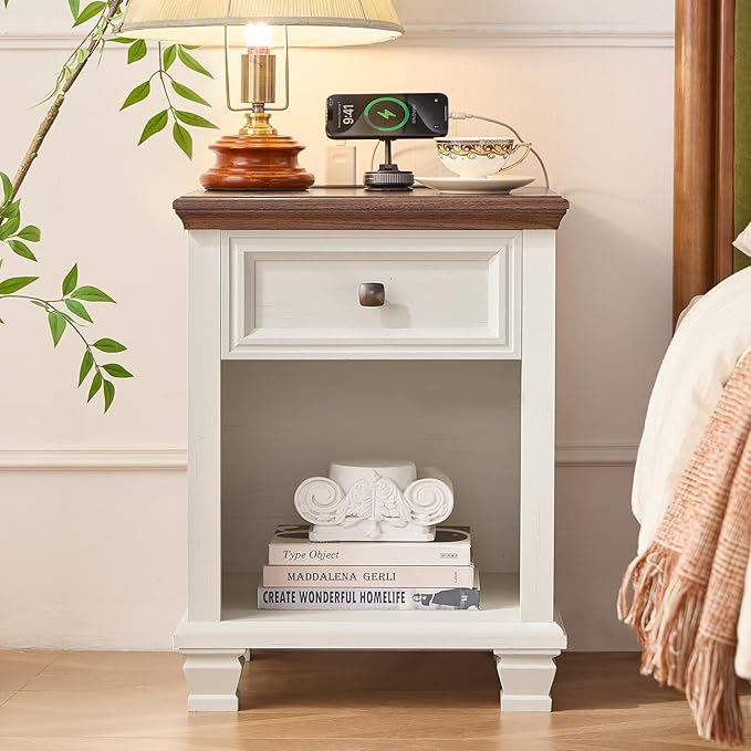 Farmhouse End Tables Living Room Set of 2, Rustic Wood Nightstand with 1 Drawer, Bedside Table with Open Shelf for Bed Room, Side Table for Living Room, White