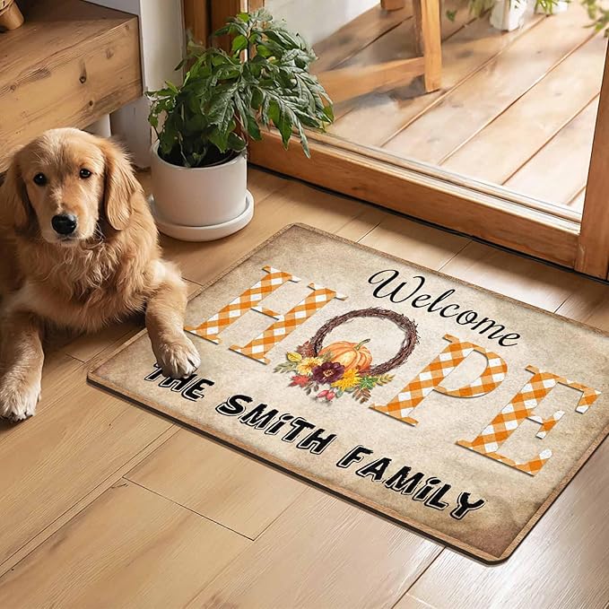 Custom Name Front Door Mat for Entryway Decor Welcome Fall Season Personalized Thanksgiving Welcome Mat Home Decor, Personalized Floor Mat for Autumn