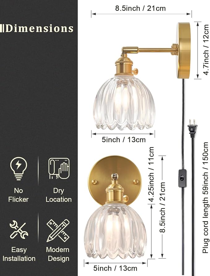 Plug in and Hardwired Wall Sconces, Luxury Vintage Tulip Crystal Glass Shade Wall Light with Switch for Bedside Bedroom Living Room (Tulip-Clear, 1)