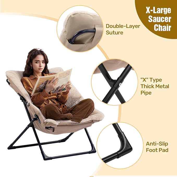 HollyHOME X-Large Saucer Chair, Comfy Oversized Folding Chair, Faux-Fur Reading Chair for Teens, Adults, Foldable Accent Lazy Chair, Metal Lounge Chair for Living Room, Bedroom, Dorm, Light Khaki