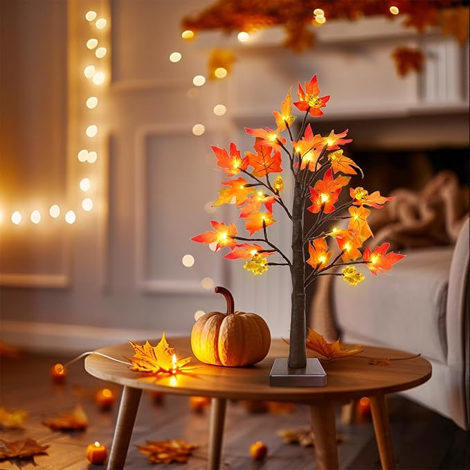Fall Decorations for Home, 2 Pack 24''/2FT Prelit Fall Maple Tree Thanksgiving Decor Total 48 LED Timer Battery Operated Lighted Pumpkins Acorn Maple Autumn Thanksgiving Indoor Home Table Christmas