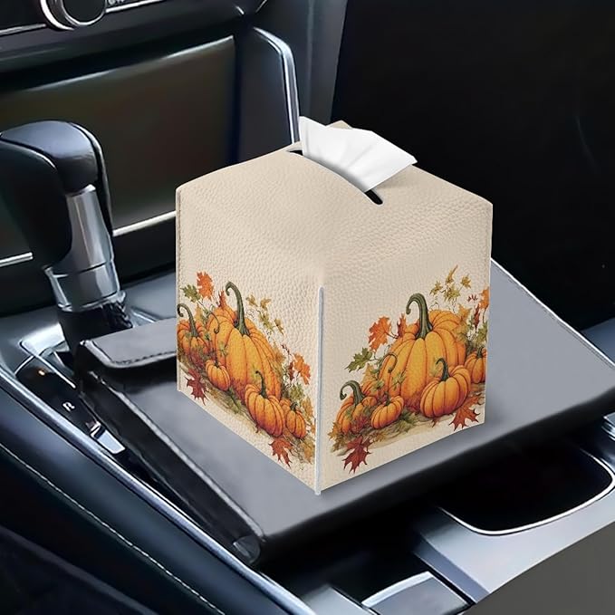 Pumpkin Maple Leaf Square Tissue Box Cover Thanksgiving Desk Decor for Home Office Car, Pu Leather Tissues Cube Boxes Holder Bedroom/Bathroom/Kitchen Facial Napkin Holder Storage