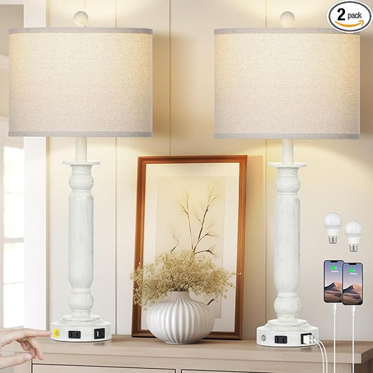 28.5" Tall Farmhouse Table Lamps Set of 2 for Living Room, 3-Way Dimmable Touch Lamps with USB C+A Ports & AC Outlet, Bedside Nightstand Lamps with Linen Shade for Bedroom