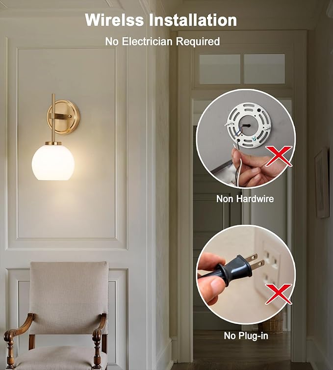 Gold Battery Operated Wall Sconce Set of 2, Wireless Rechargeable Sconces Wall Lighting with Remote Control, LED Dimmable Wall Lights with Opal White Glass Shade, 12 Colors RGB & 3 CCT Bulb