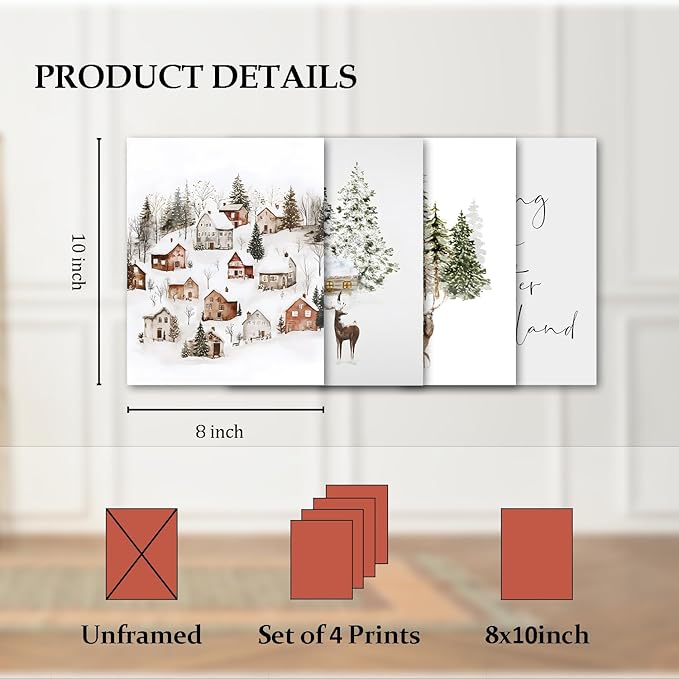 TFKFJLF Winter Scene Wall Art Poster Decor, Winter Wonderland Deer Pictures Decor Wall Art, Rustic Christmas Decorations for Bedroom Bathroom Living Room Office, Unframed 8x10in Set of 4