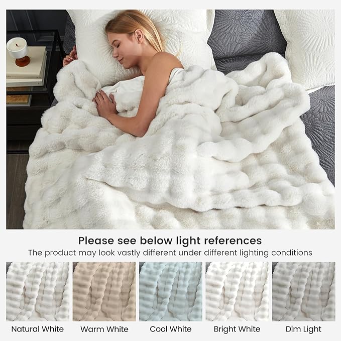 Cozy Bliss Faux Fur Throw Blanket for Couch, Fuzzy Soft Plush Thick Bubble Blanket for Sofa Bedroom Living Room, 90 * 90 Inches Cream White