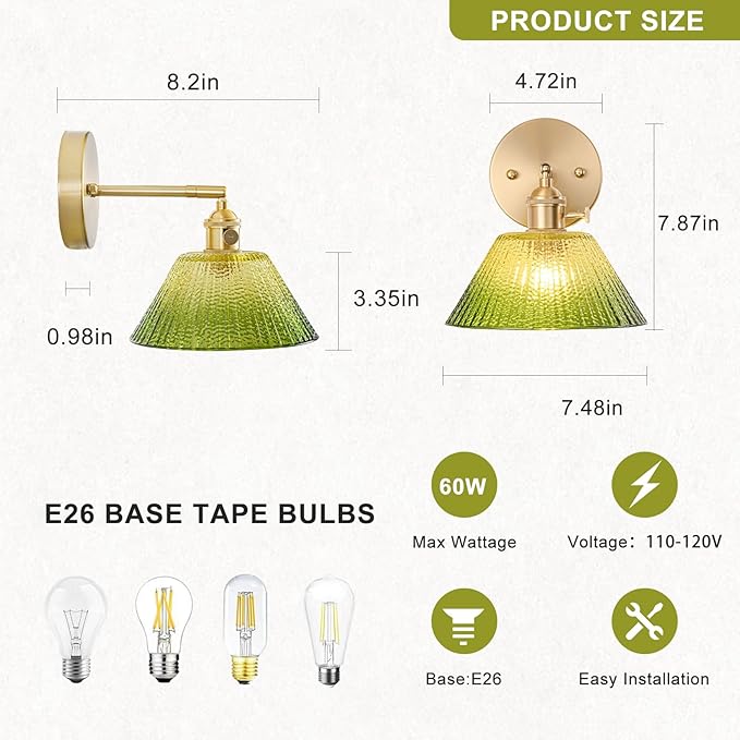 Hardwired Wall Sconce Light, Vintage Wall Sconce with Switch, Gold Wall Light Fixture with Gradient Green Glass Lampshade, Indoor Wall Light for Bedroom Bathroom, Bedside Wall Lamp