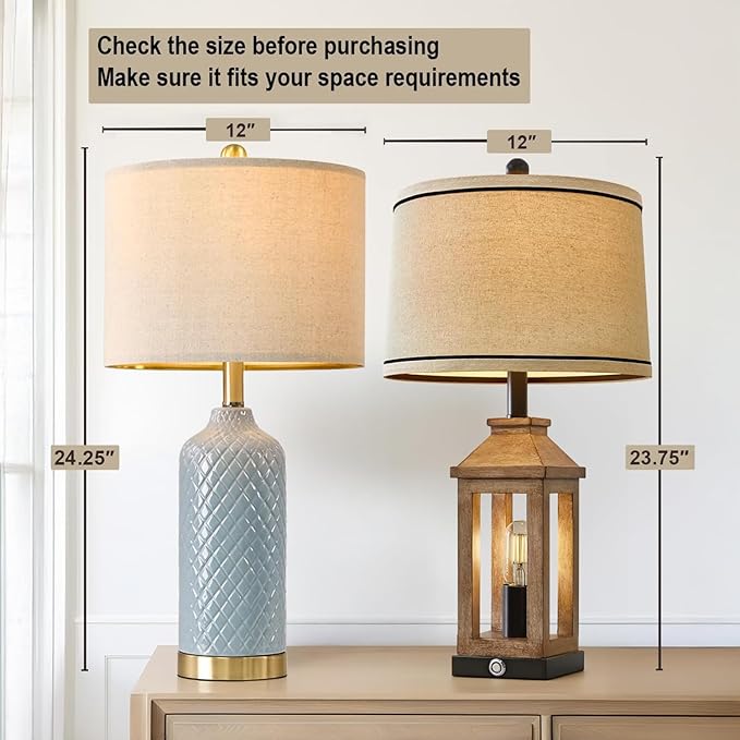 24.25" Modern Ceramic Blue Table Lamps Set of 2 for Living Room, Farmhouse, Bedside, Coastal Bedroom, Side & End Tables