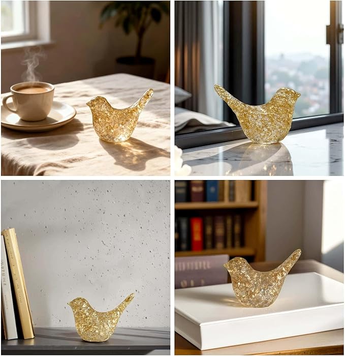 Goldfoil Glitter Bird Figurines Staue Home Decor Accents,Hammered Sculpture Gifts for Bird Lovers,Knick Knacks for Shelves Bookshelf Office