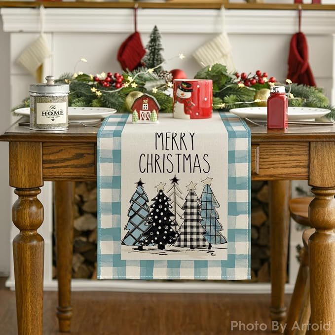 Artoid Mode Bule Watercolor Buffalo Plaid Christmas Trees Merry Xmas Table Runner, Seasonal Winter Holiday Kitchen Dining Table Decoration for Indoor Outdoor Home Party Decor 13 x 108 Inch