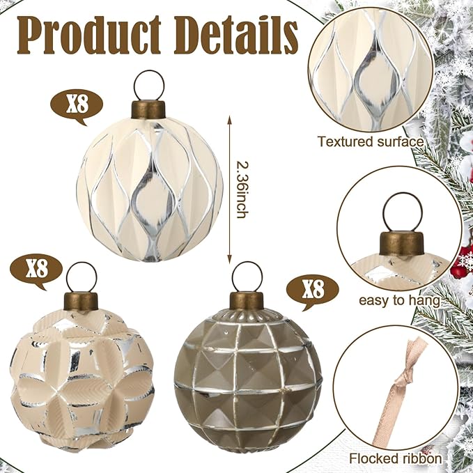 Syhood 24 Pcs Neutral Textured Christmas Ball Ornaments 2.4 Inch Vintage Xmas Tree Decorations Rustic Distressed Xmas Baubles Antique Farmhouse Modern Christmas Decor for Tree Home (Brown)