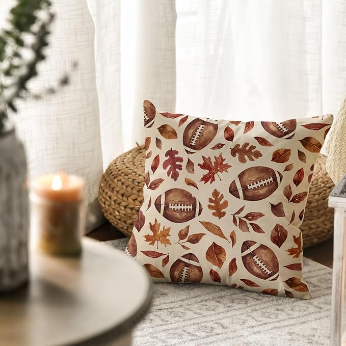 AVOIN colorlife Fall Football Maple Leaves Throw Pillow Cover 18x18 Inch, Seasonal Autumn Thanksgiving Harvest Cushion Case Decoration for Sofa Couch
