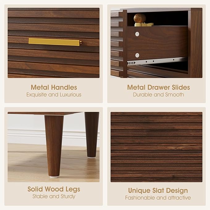 Alohappy Night Stands with Charging Station Set of 2, Mid Century Modern Nightstands, Wooden Bedside Table for Bedroom, End Table with Storage Drawers, Bed Side Table with USB Outlets, Brown 2pcs