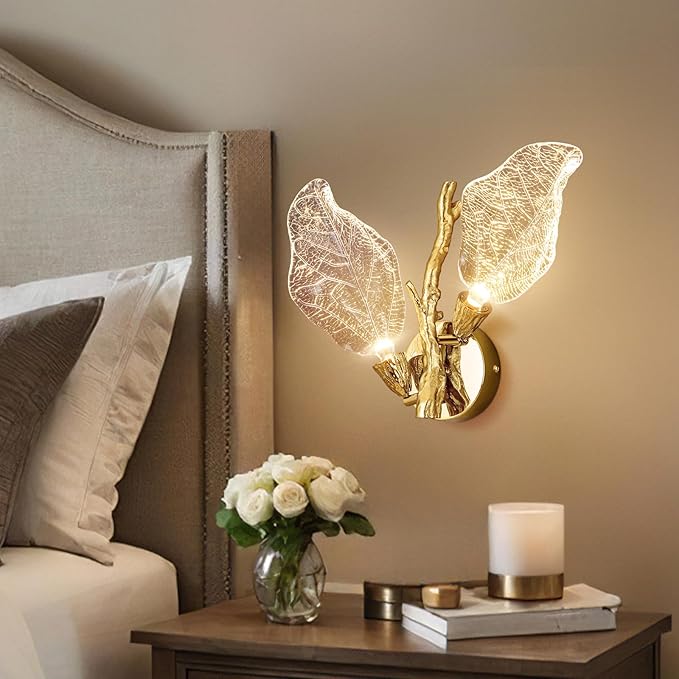 Wall Sconces, Gold Bathroom Sconces Wall Lighting with Clear Acrylic Leaf, Modern Sconces Wall Decor Wall Light fixtures for Bathroom Mirror Living Room Hallway Bedroom Stairs (1pcs,Gold)