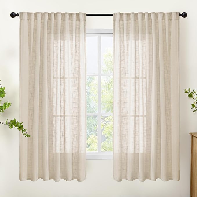 YoungsTex Oatmeal Linen Semi Sheer Curtains 63 Inches Long for Living Room 2 Panels, Light Filtering Window Drapes Natural Textured with Rod Pocket Back Tab for Bedroom, 52 X 63 Inch