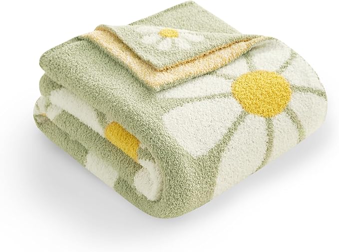 Snuggle Sac Sunflower Throw Blanket for Couch, Fuzzy Microfiber Floral Blankets, Cute Throws for Girls Daughter Gifts for Kid, Flower Sage Green, 50x60 inches