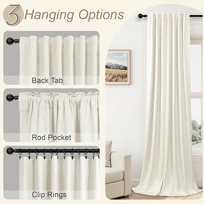 100% Blackout Thermal Curtains 98 Length 2 Panels Set for Bedroom Closet Room Divider Faux Linen Windows Rod Pocket Pleated Drapes Modern Farmhouse Living Room Darkening Curtains 98 Inches Long Cream