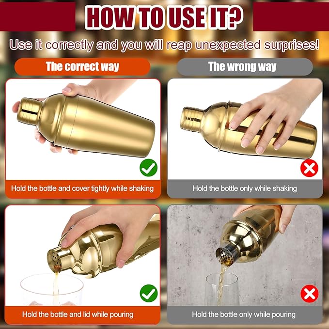 Nitial 6 Pcs Bar Cocktail Shaker Professional Stainless Steel Martini Drink Mixer Built-in Strainer for Bartending No Leaks Shaker for Bar Party Drink Mixer (Gold,18.6 oz)