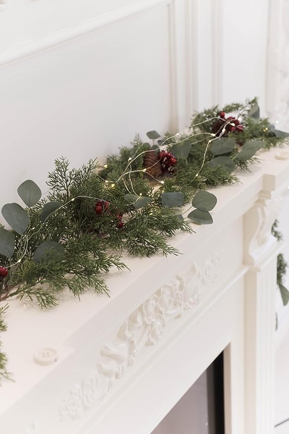 6.3FT Christmas 144 Branch Tips Cedar Garland with LED String Lights, Anna's Whimsy Seasonal Artificial Pine Cypress Garland, Holiday Indoor Outdoor Christmas Decor