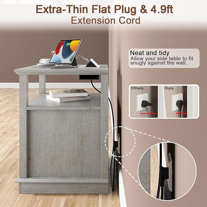 HIFYOBRO End Table with 2 Drawers and Charging Station, Type-C & USB Port & Power outlets, Wooden Storage Cabinet, Large Side Table with Storage for Living Room and Bedroom