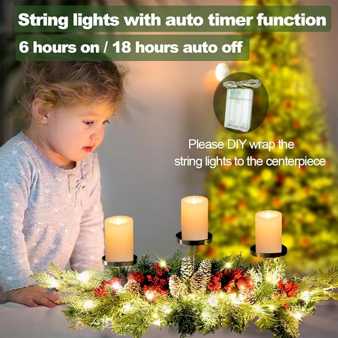 27.6" Christmas Table Centerpiece with Lighs Christmas Candle Holders with 3 Trays Red Berries Balls Pine Cones Christmas Pine Garland Lights Decoration for Centerpiece Table Mantel Holiday Home Decor
