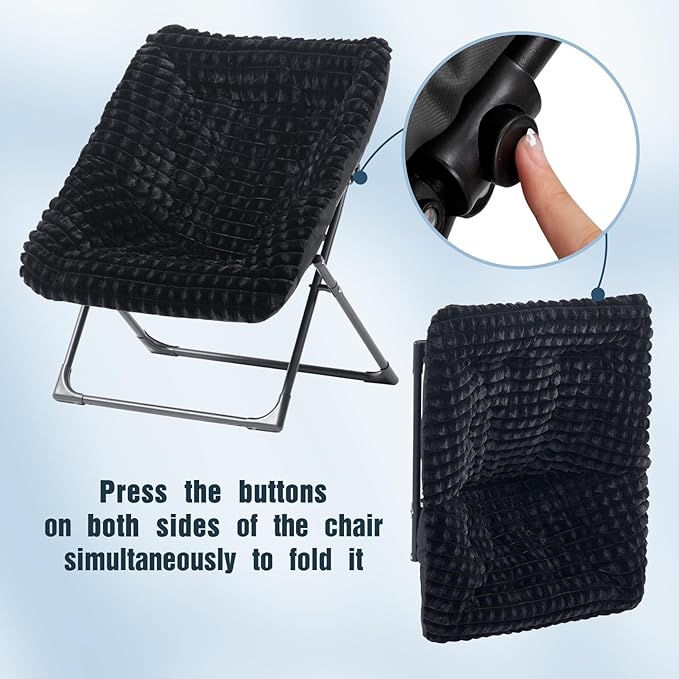 HollyHOME X-Large Saucer Chair, Comfy Oversized Folding Chair, Faux-Fur Reading Chair for Teens, Adults, Foldable Accent Lazy Chair, Metal Lounge Chair for Living Room, Bedroom, Dorm, Grid Black