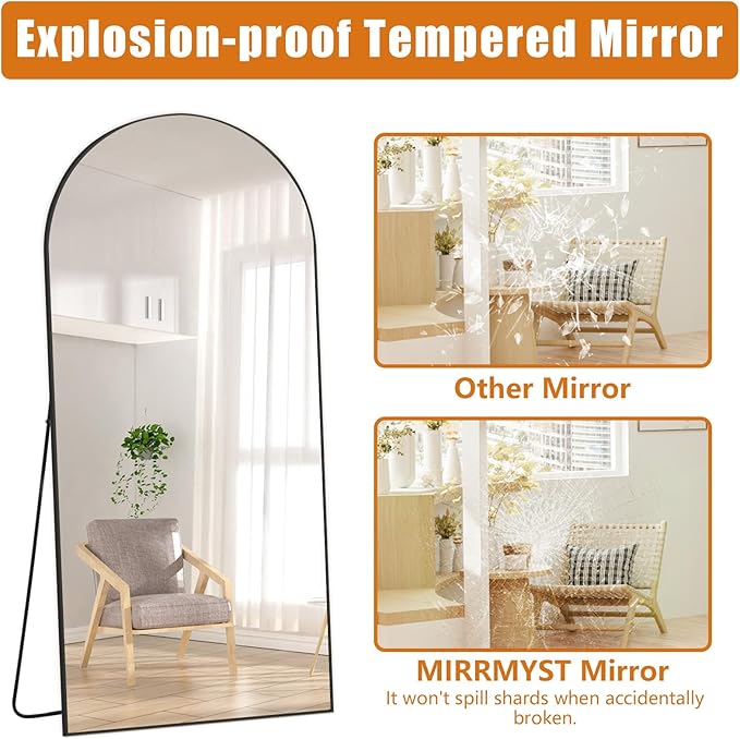 Arched Mirror Full Length, 71"x32" Large Floor Mirror Free Standing, Black Full Body Mirror for Bedroom Living Room Gym, Shatterproof Tempered Glass