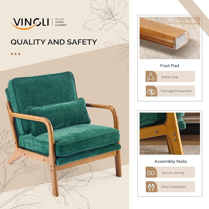 VINGLI Chenille Mid-Century Modern Accent Chair Set of 2, Cute Reading Arm Chair with Cushion & Lumbar Pillow & Solid Wood Frame for Lounge, Living Room, Reading Room, Bedroom, Forest-Green