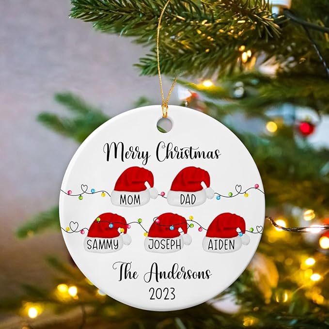 Merry Christmas Family Santa Hats Ornament, Personalized Family Ceramic Ornament, Family of 6 Ornament Gift for Family Keepsake, Custom 1st Xmas As A Family of Six Ornament 2025, Santa Ornaments