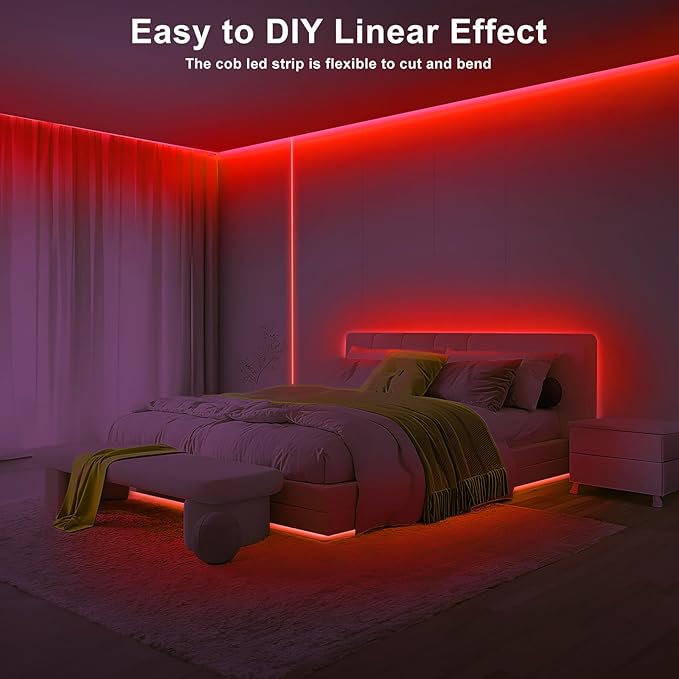 16.4ft Red COB Led Strip Lights with RF Remote, Dimmable Bright Dotless Adhesive Indoor Led COB Light Strip for Cabinet, Painting, Room, Bed