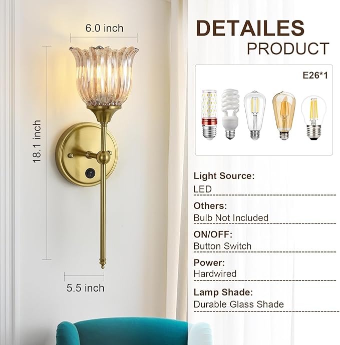 Modern Wall Sconces with Amber Flower Glass Shade 1 Pack, Mid Century Bathroom Vanity Wall Light Fixtures Gold Vintage Wall Lights with Switch for Mirror Bedroom Living Room