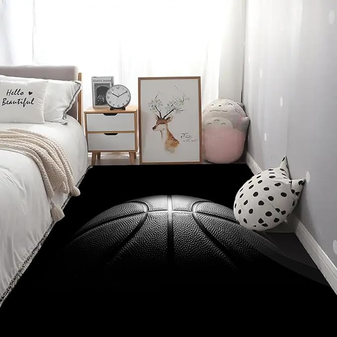 kxry 5 * 7 Feet Black Basketball Soft Area Rugs for Kids Girls Boys Basketball Sports Floor Carpet for Living Room Bedroom Dorms Nursery Rooms Home Decor Aesthetic