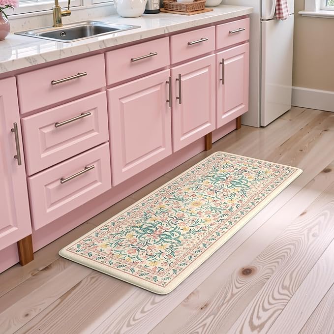 Collive Anti Fatigue Kitchen Mats, Cushioned Floral Kitchen Rugs Non Slip Waterproof Sink Mat, Memory Foam Comfort Standing Rug for Office, Laundry, Bedroom, Home Decor, 20"x39" Pink
