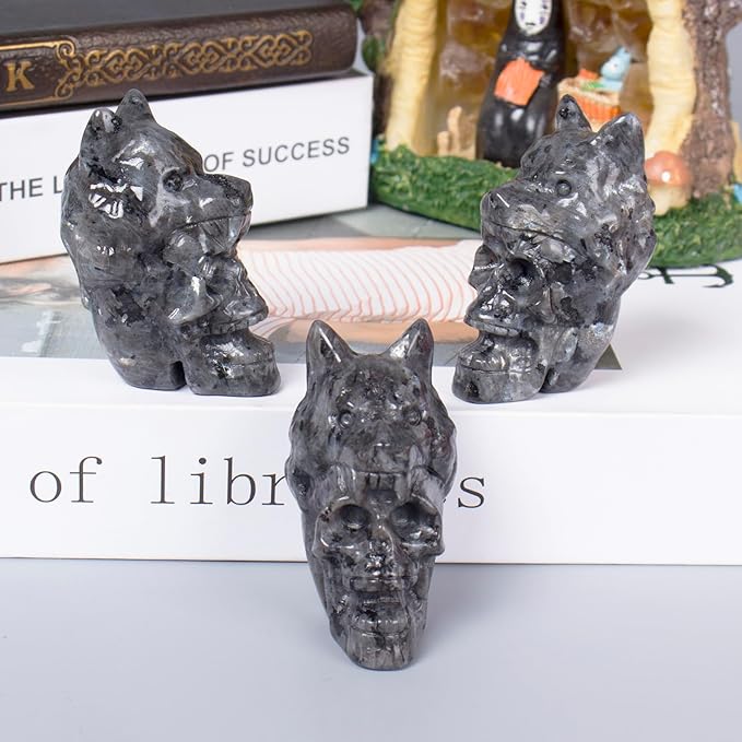 2.17 Inch Crystal Skull with Wolf Head Figurine Decor, Larvikite Skull with Wolf Head Statue Decor for Home Office Desk, Hand Carved Healing Crystal Animal Statues Gifts for Women Men