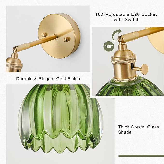Wall Sconces Set of Two Hardwired, Vintage Wall Sconce Light with Tulip Green Glass Lampshade, Bathroom Wall Sconces with Switch, Gold Wall Light Sconces Wall Decor Set of 2