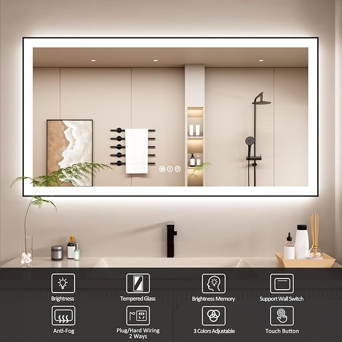 72x32 Inch LED Bathroom Mirror with Black Frame, Backlit and Front Lighted Bathroom Mirrors for Wall, Anti-Fog, Dimmable, Memory, Shatterproof, LED Vanity Mirror for Bathroom