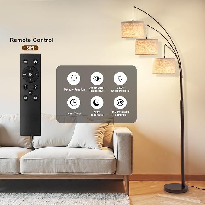 3 Light Arc Floor Lamps for Living Room, 2400LM Super Bright Floor Lamp with Remote Control, 80" Tall Floor Lamps with Stepless Dimmable, Mid Century Tree Floor Lamp for Bedroom, Office