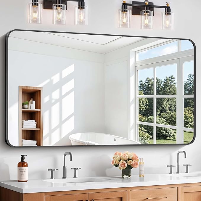 Bathroom Mirror, 30"x55" Black Rectangle Wall Mirror, Metal Frame Rounded Corner Vanity Mirror, Large Wall Mounted Mirror for Modern Bedroom Living Room Horizontal Or Vertical Mounting