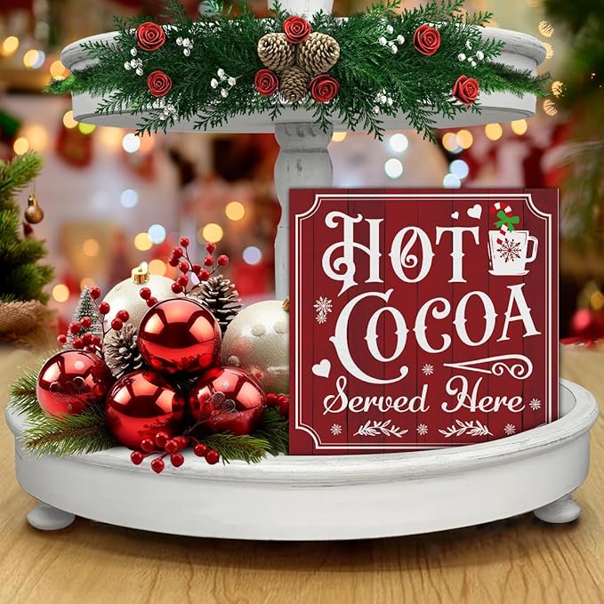 Vintage Christmas Decor, Hot Cocoa Wooden Sign, Coffee Bar Wooden Block Sign, Christmas Kitchen Decorations for Table Shelf 5 x 5 Inch