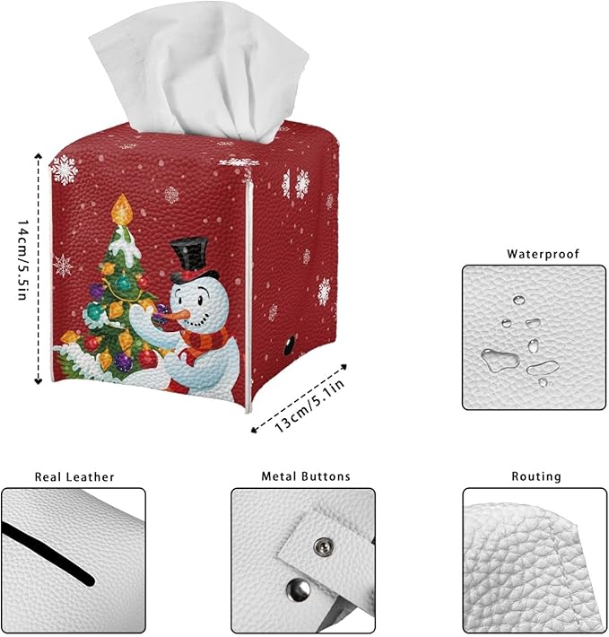 Christmas Tree Tissue Box Holder Square Snowman Print Tissue Holder Organizer Modern Napkin Cover for Bedroom Dresser Night Stand Office Desk PU Leather Decor