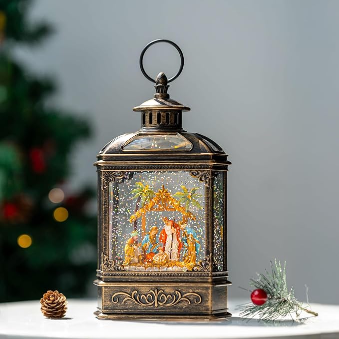 Christmas Snow Globe Lantern Lighted Manger Nativity Scene, Musical Water Lantern Play Silent Night Music in Swirling Glitter, Holiday Decorations Gift