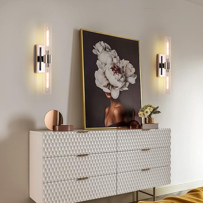 Bathroom Vanity Light Fixtures, Glass Tube Wall Sconces Set of 2, Nickel coloured base, Bathroom Wall Lights, Bedroom Bedside Wall Light, Wall Lamp For Dressing Table, Living Room, And Hallway