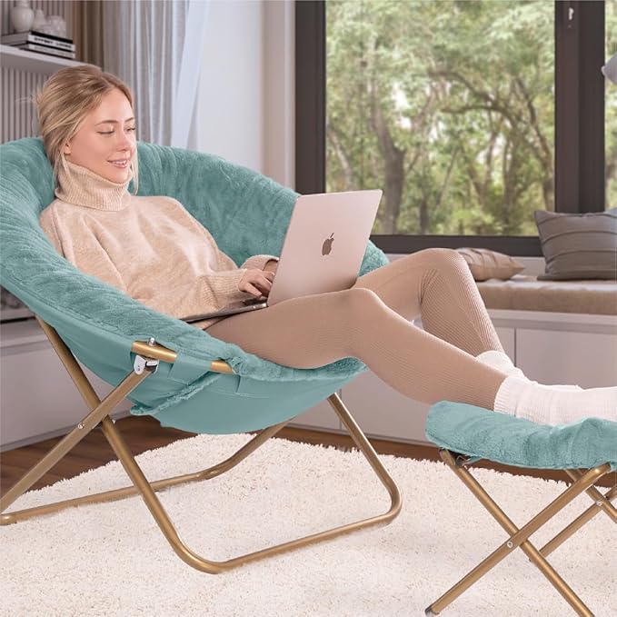 Milliard Cozy Chair with Footrest Ottoman/Faux Fur Saucer Chair for Bedroom/X-Large (Blue)