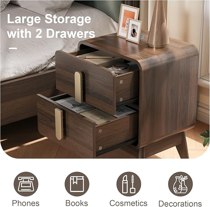 Nightstand Set of 2, Mid Century Modern Bedside Table with Drawers & Metal Handle, Curved Profile Brown End Table with Storage, Solid Wood Feet Side Tables for Bedroom, Dark Walnut